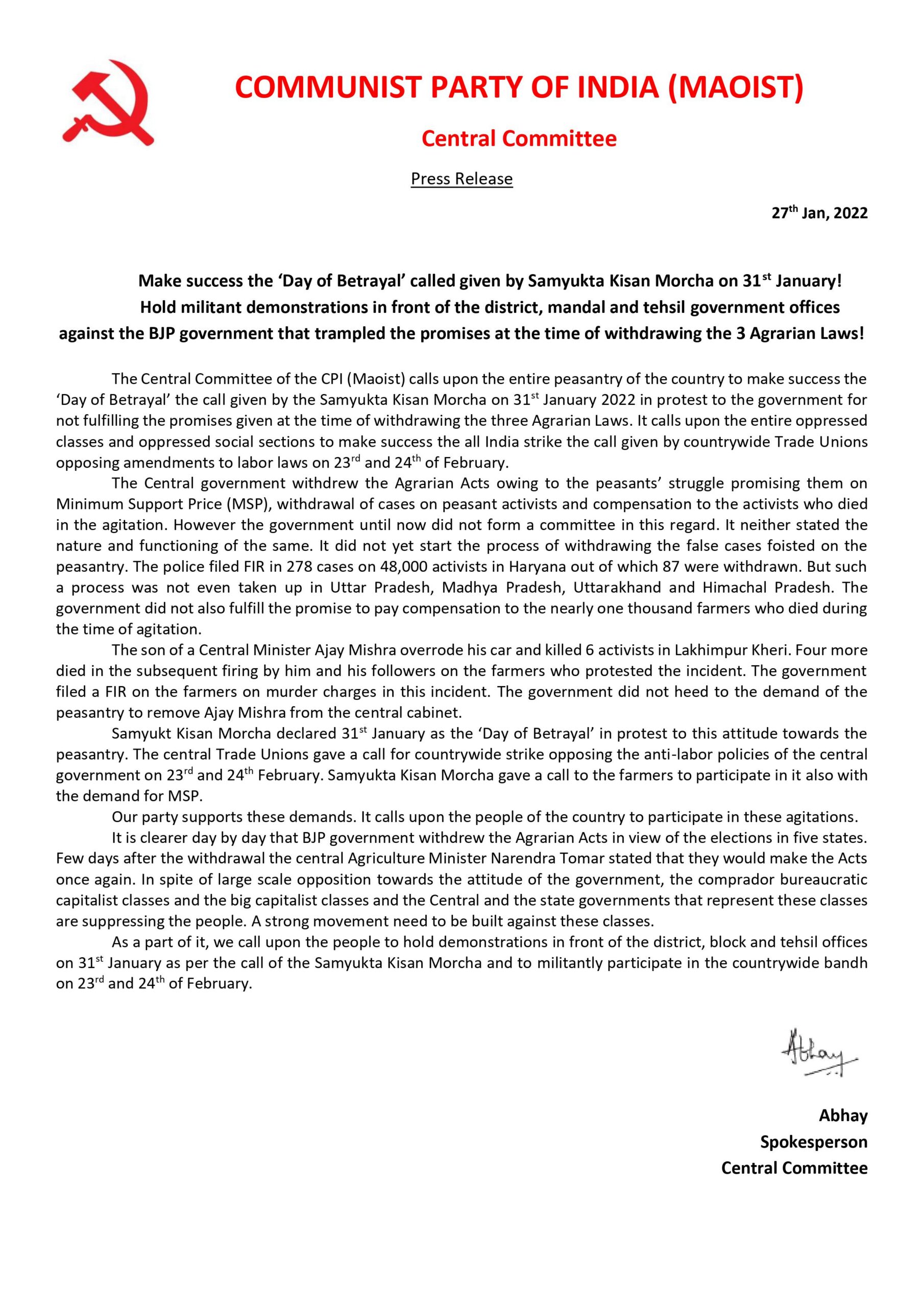 Make success the ‘Day of Betrayal’ called given by Samyukta Kisan Morcha on 31st January!