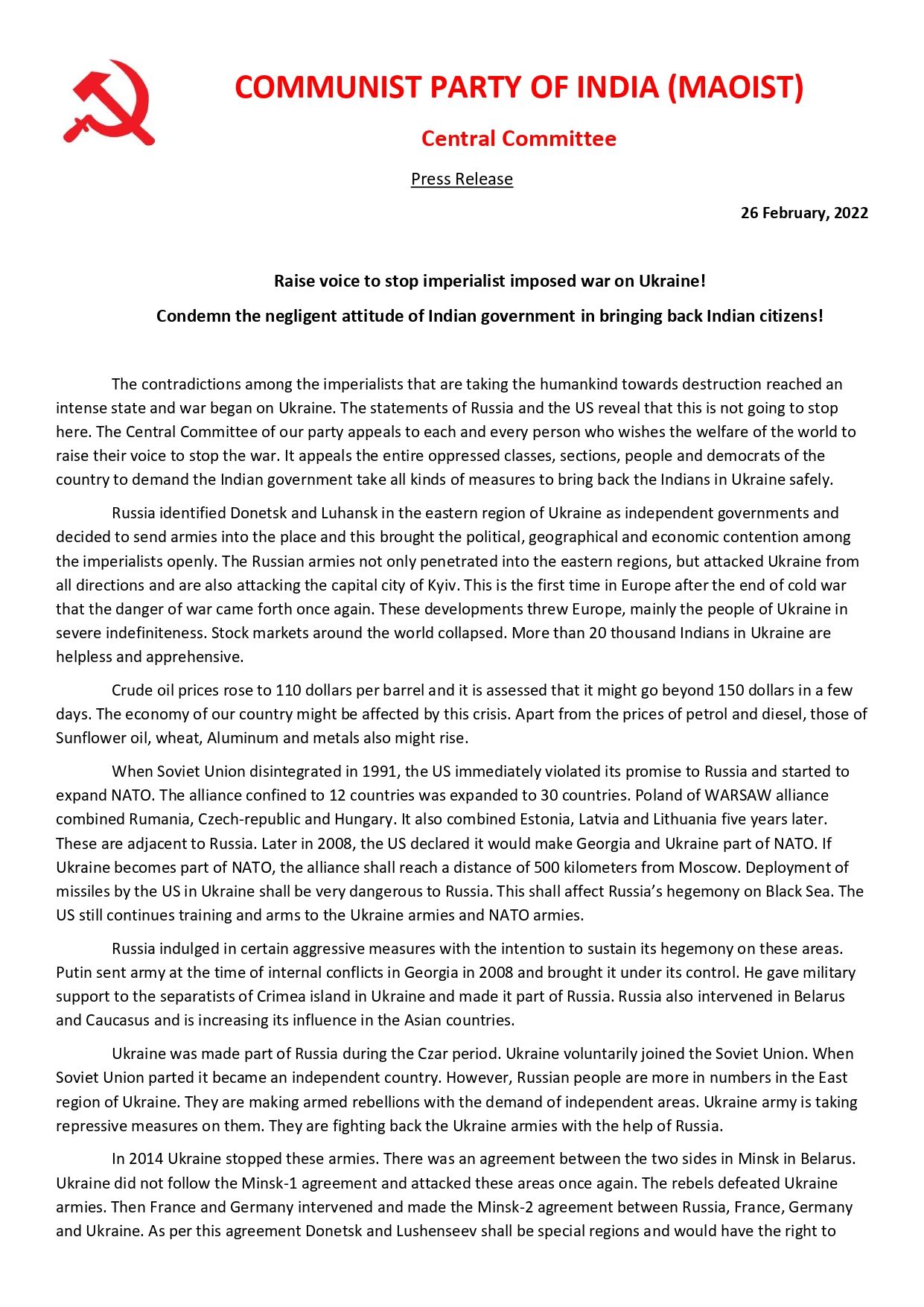 Statement on the war in Ukraine: Raise voice to stop imperialist imposed war on Ukraine! Condemn the negligent attitude of Indian government in bringing back Indian citizens!