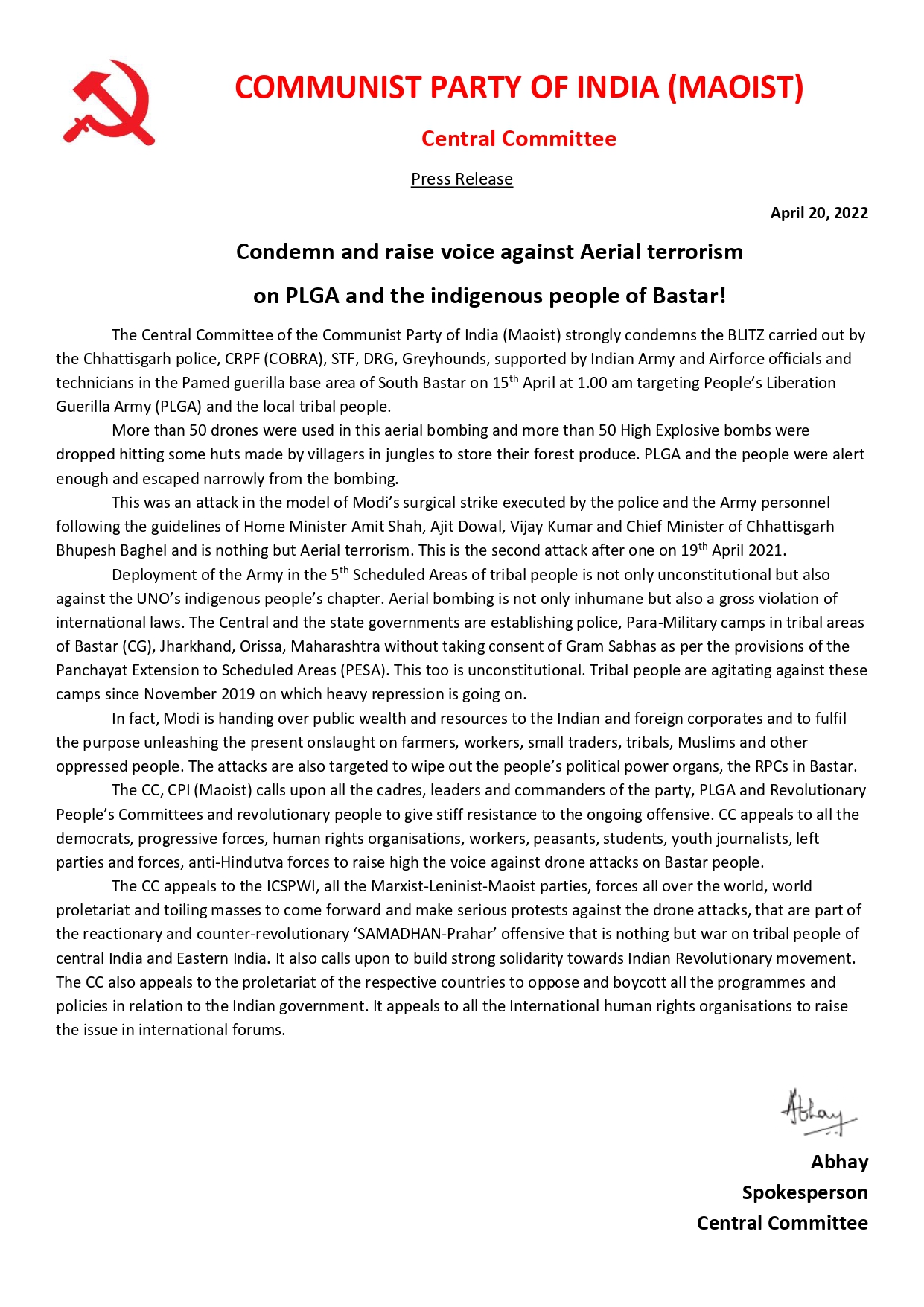 Verurteilt den Luftterror gegen PLGA und die indigene Bevölkerung von Bastar und erhebt eure Stimme dagegen!