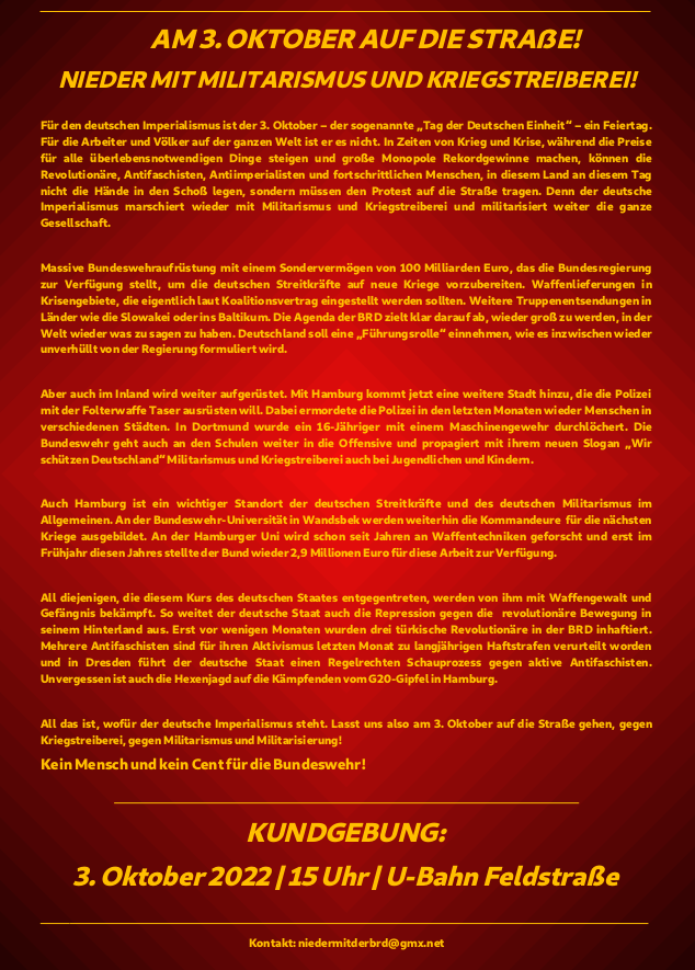 Hamburg: Am 3. Oktober auf die Straße! Nieder mit Kriegstreiberei und Militarismus!