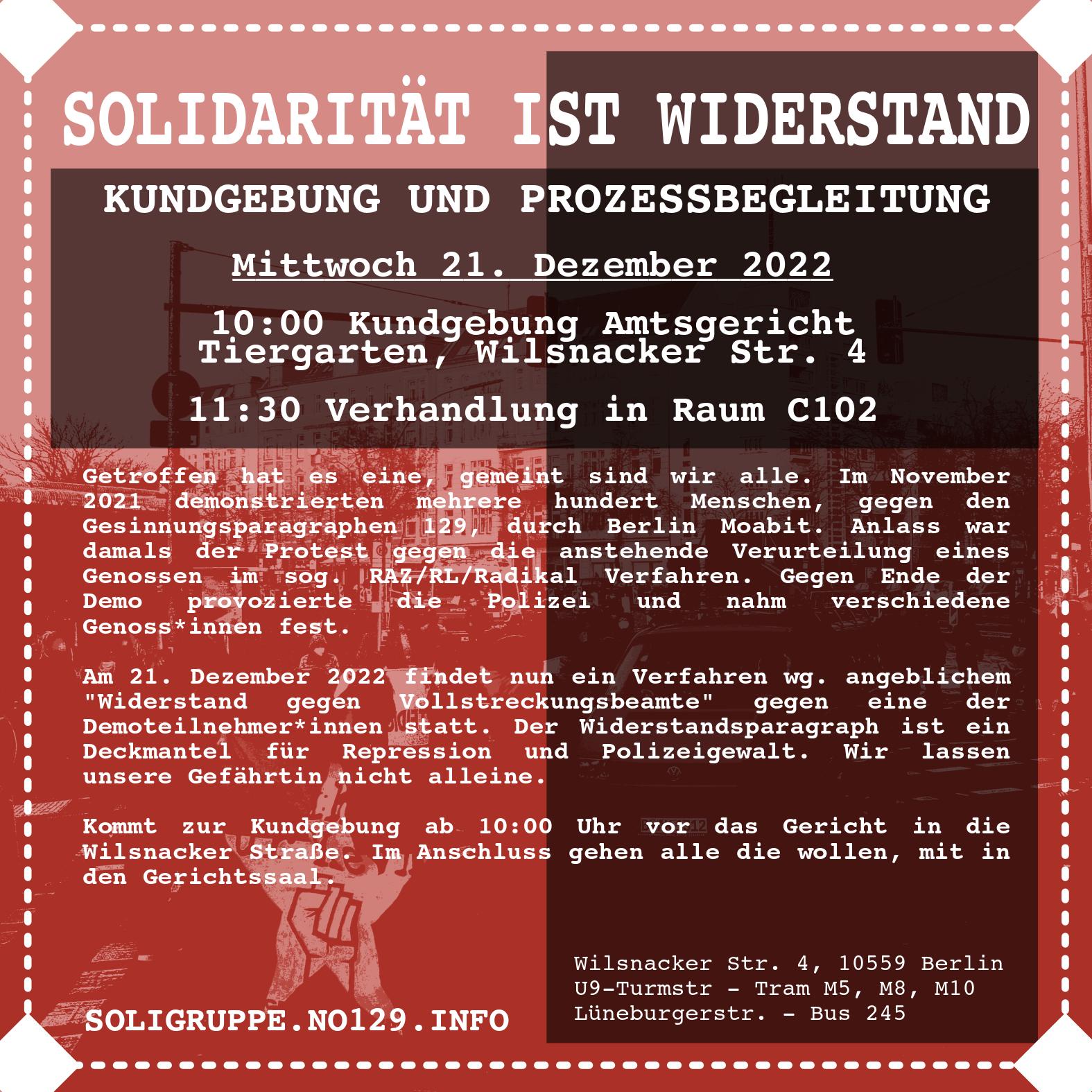 BERLIN | 21.12. | Solidarität ist Widerstand – Kundgebung und Prozessbegleitung